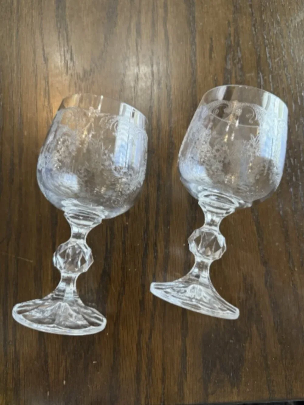 Vintage Bohemia Crystal Queen's Lace Wine Goblets Clear Etched Glass Set Of 2